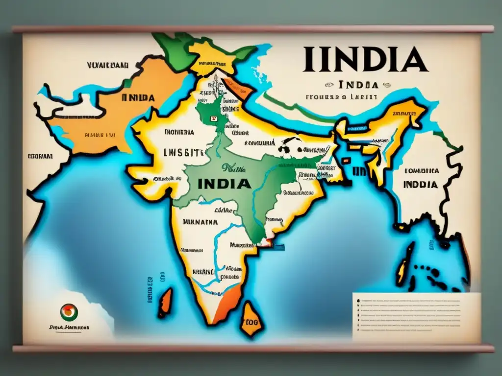 Mapa vintage detallado de la India con historia de apellidos indios en elegante caligrafía y detalles envejecidos