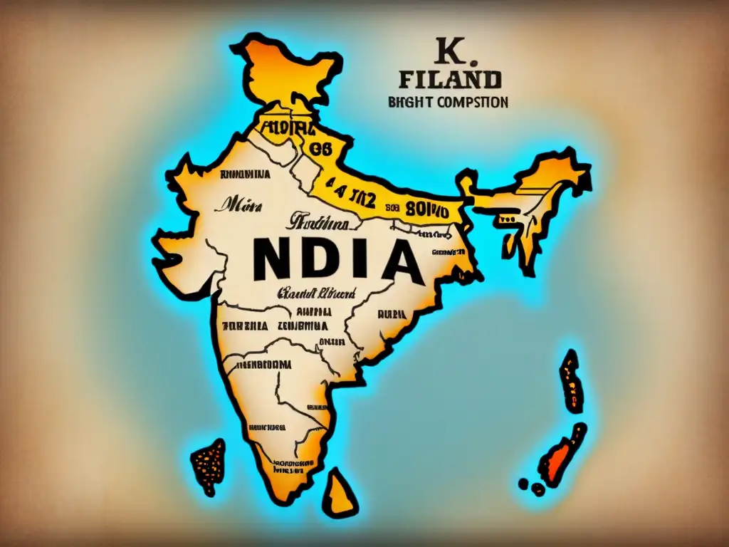 Un mapa vintage detallado de la India con caligrafía ornamental de apellidos con 'K', evocando riqueza cultural