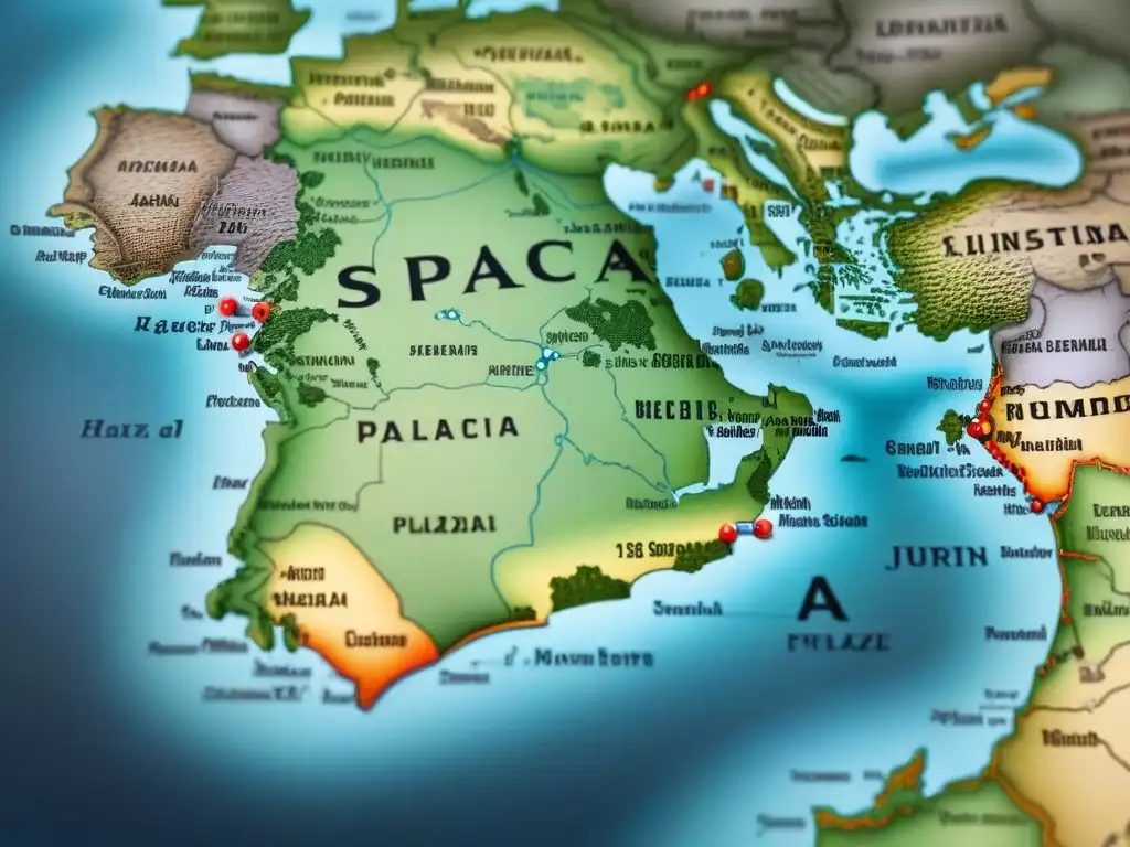 Mapa vintage detallado que muestra la influencia árabe en el sur de Europa, resaltando regiones y ciudades clave