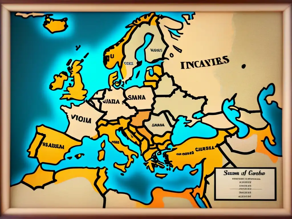 Mapa vintage detallado con influencia árabe en Europa sur y evolución de apellidos, en colores parche envejecido y rosas de los vientos