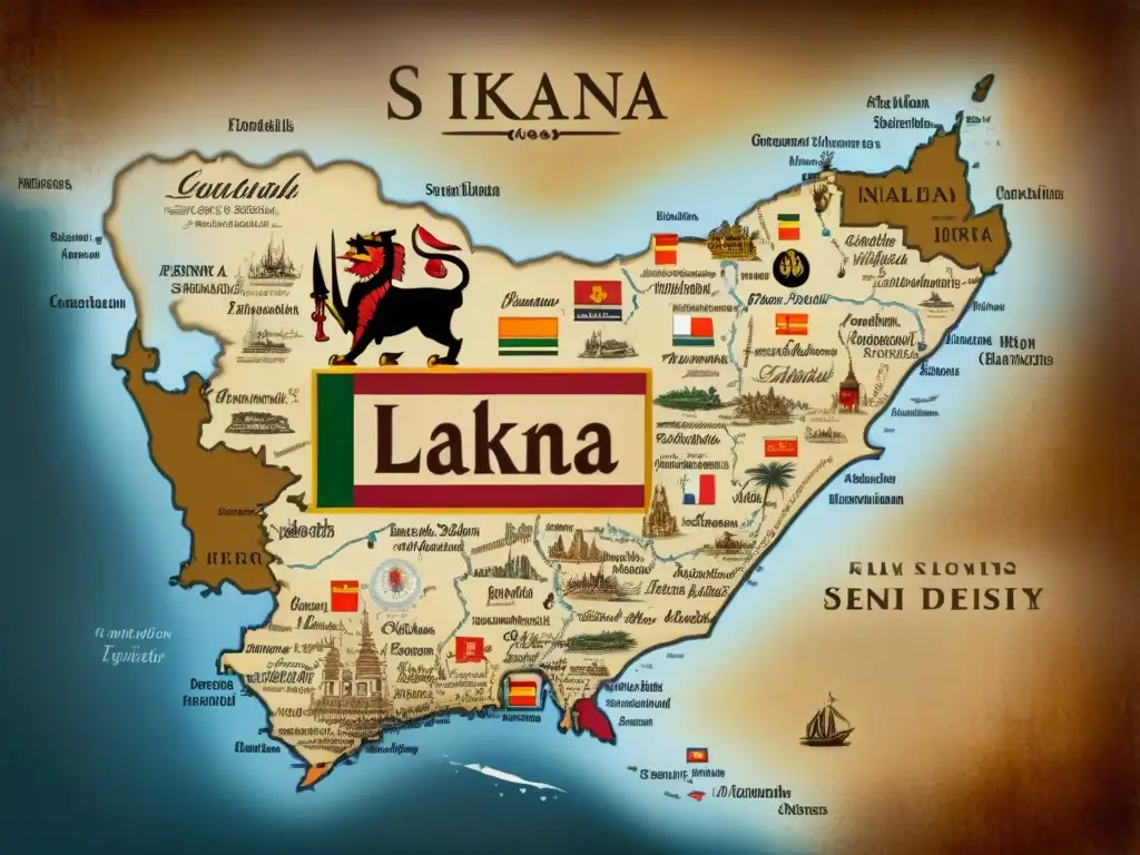 Mapa vintage detallado de Sri Lanka con influencias coloniales y escudos familiares, evocando historia y diversidad étnica