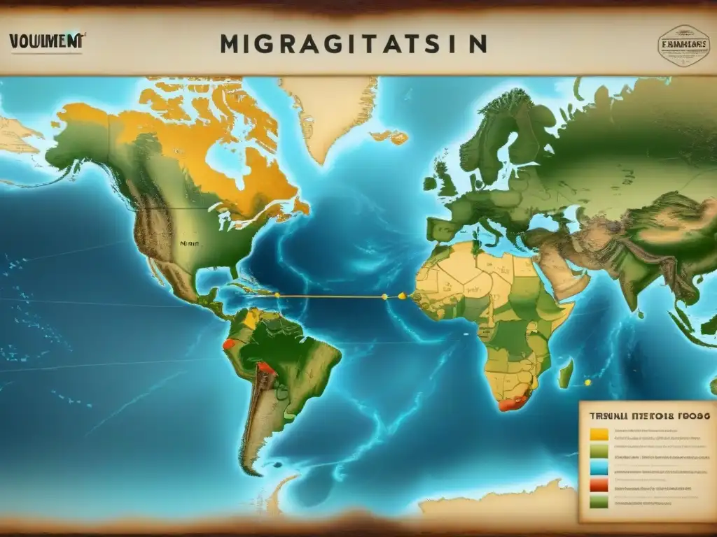 Mapa vintage detallado de migración interna de familias con linajes y apellidos, evocando nostalgia histórica