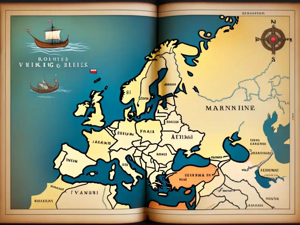 Mapa vintage detallado de las invasiones vikingas en Escandinavia y las Islas Británicas, evocando historia y exploración