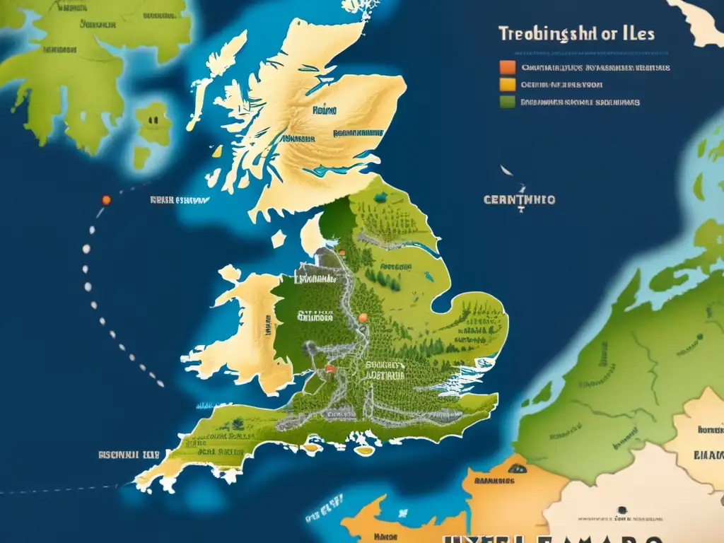 Un mapa vintage detallado de las Islas Británicas con ilustraciones de castillos y catedrales