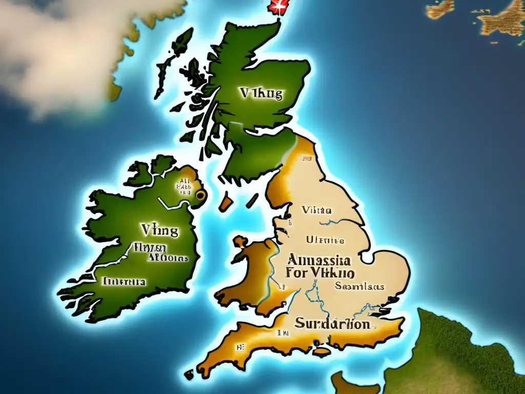 Mapa vintage detallado de las Islas Británicas con escudos familiares vikingos, legado apellidos escandinavos