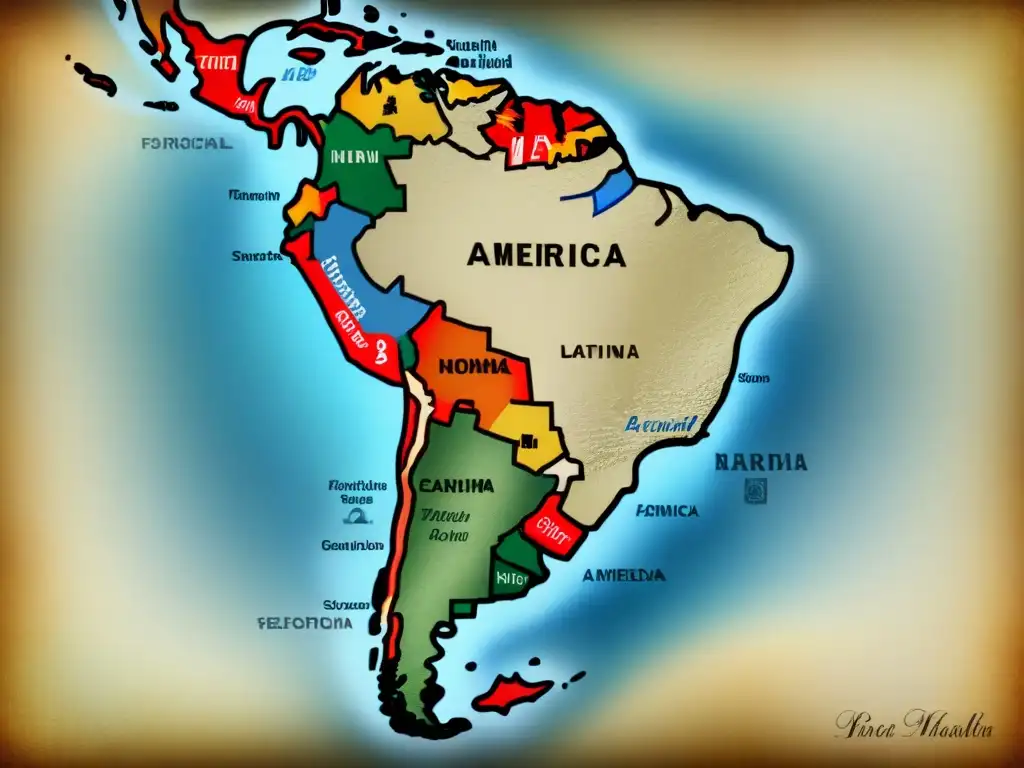 Mapa vintage detallado de América Latina con apellidos que comienzan con 'A', destacando origenes y significados