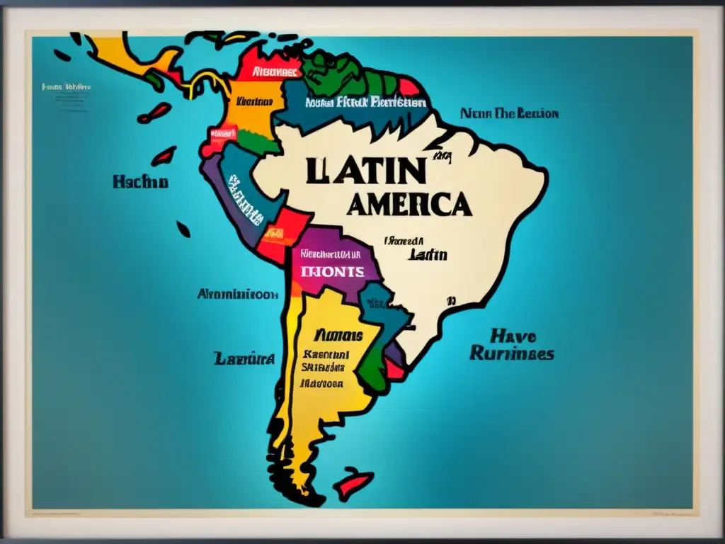 Un mapa vintage detallado de América Latina con raíces históricas de apellidos con la letra 'G', mostrando influencias indígenas y coloniales