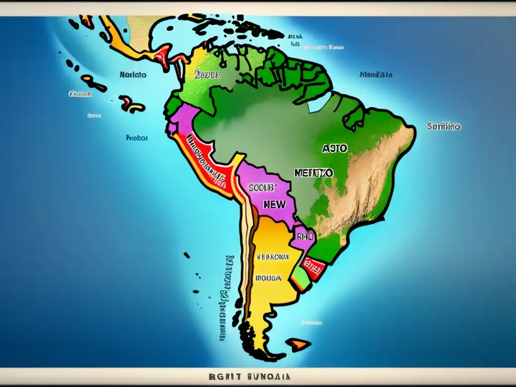 Un mapa vintage detallado de América Latina con símbolos tradicionales y apellidos mestizos