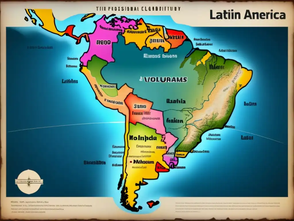 Mapa vintage detallado de América Latina con los orígenes de apellidos criollos en la región en elegante caligrafía