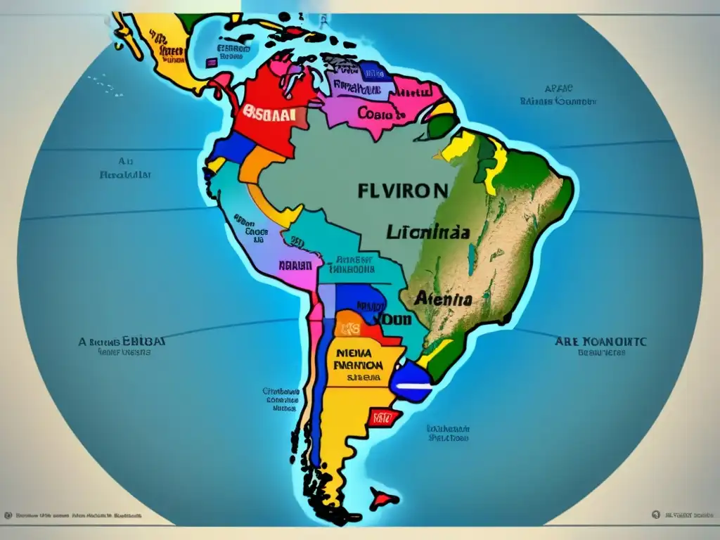 Mapa vintage detallado de América Latina resaltando orígenes y significados de apellidos