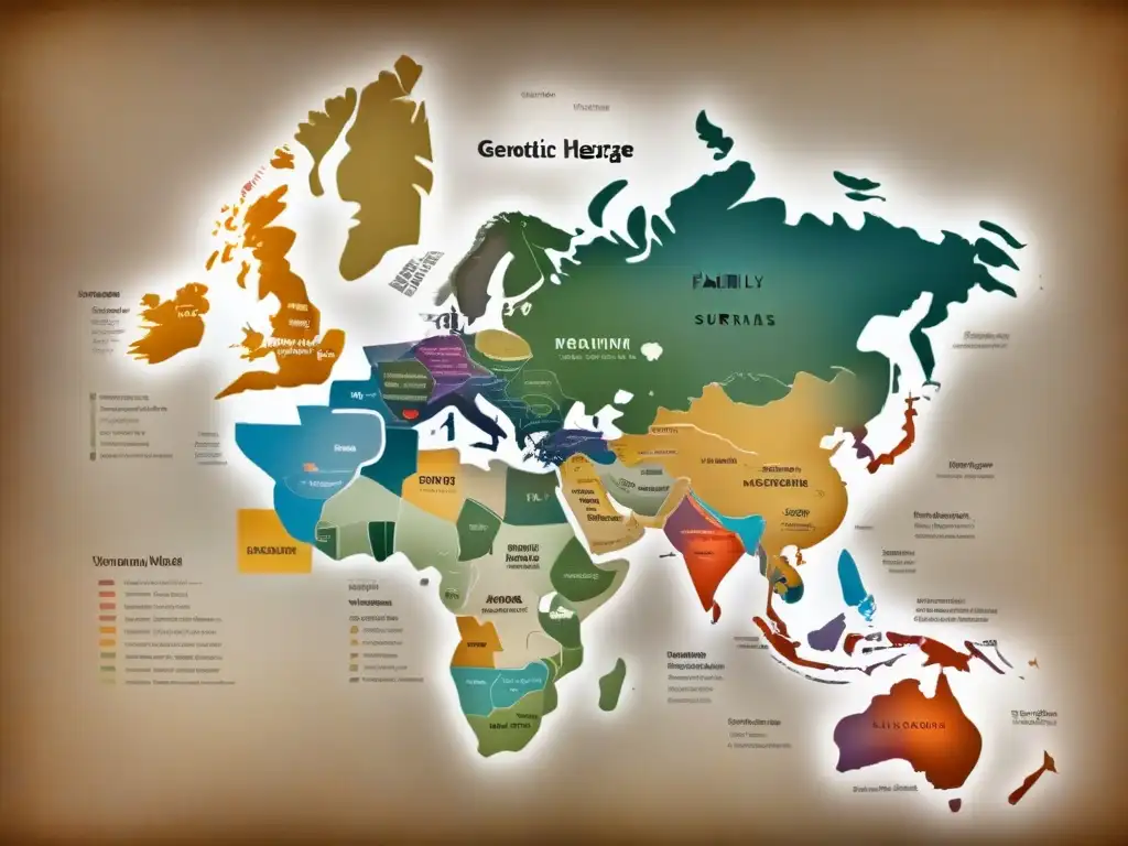 Un mapa vintage detallado con marcadores genéticos y escudos familiares, simbolizando la conexión entre genealogía genética y orígenes de apellidos