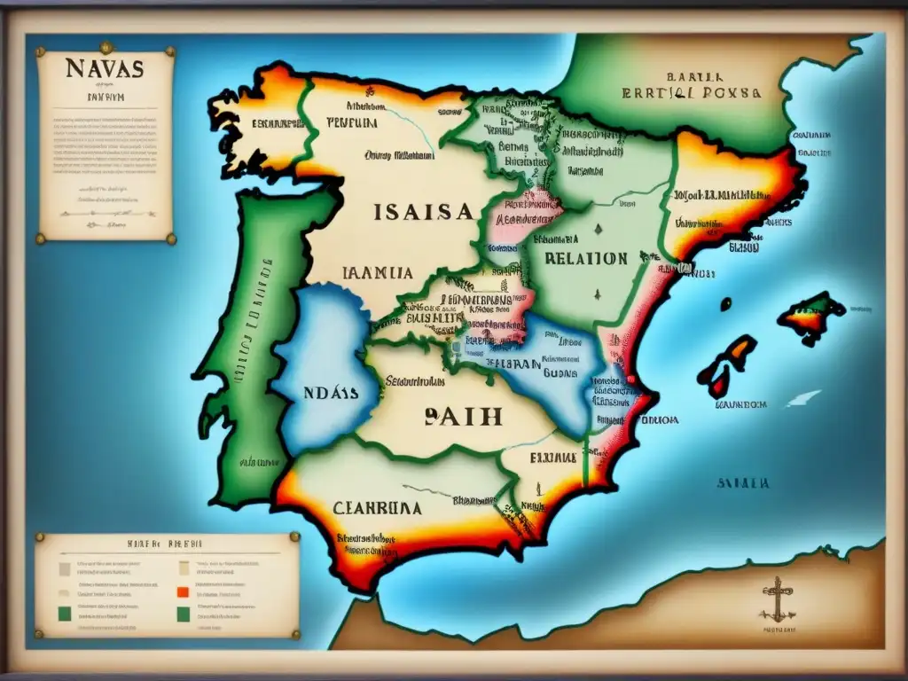 Mapa medieval estratégico de España: linaje Navas Mapa vintage detallado de la España medieval con estratégicas posiciones militares de los antepasados de la familia Navas, destacando su linaje y herencia noble