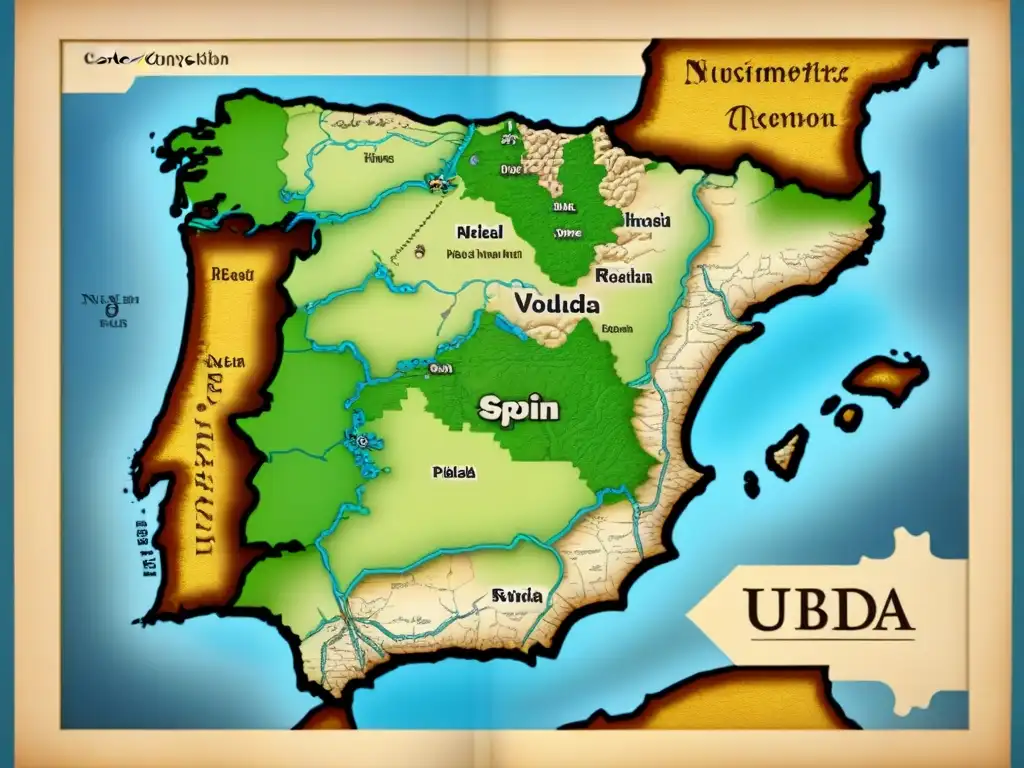 Un mapa vintage detallado de España medieval con castillos, ríos y paisajes verdes, destaca Ubeda y un escudo familiar 'Ubeda'