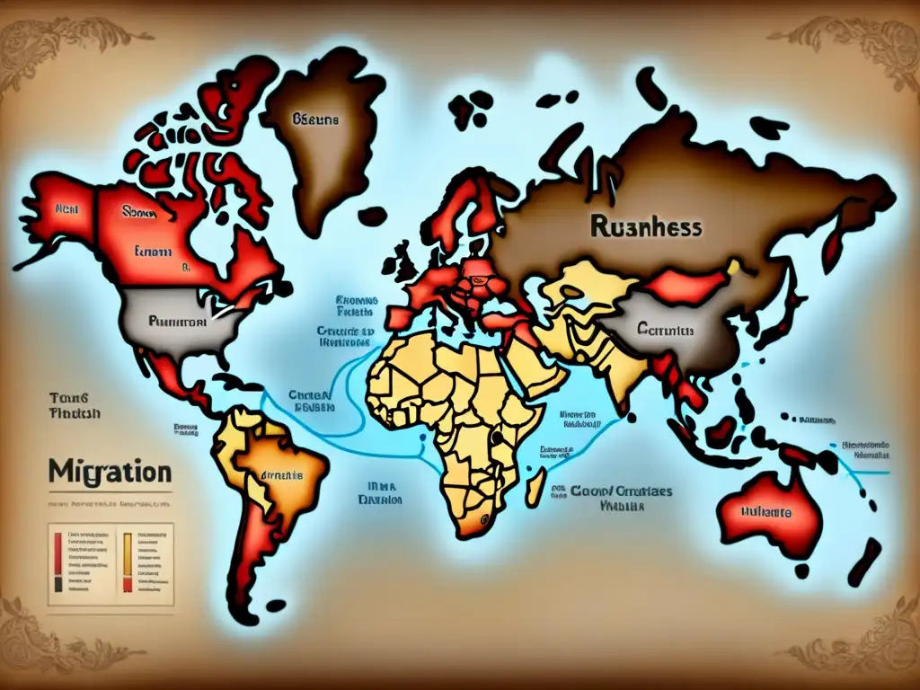 Mapa vintage detallado de migración de apellidos históricos, con tonos sepia y conexiones genéticas de apellidos históricos