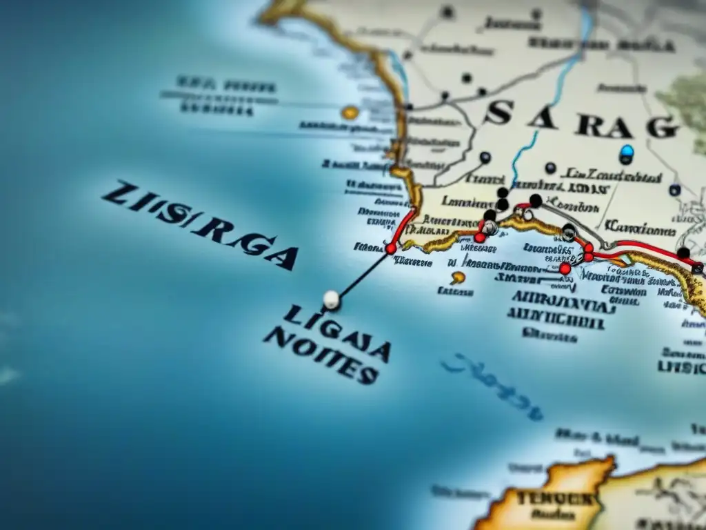 Mapa vintage detallado de la migración de la familia Lizárraga, con rutas y barcos antiguos