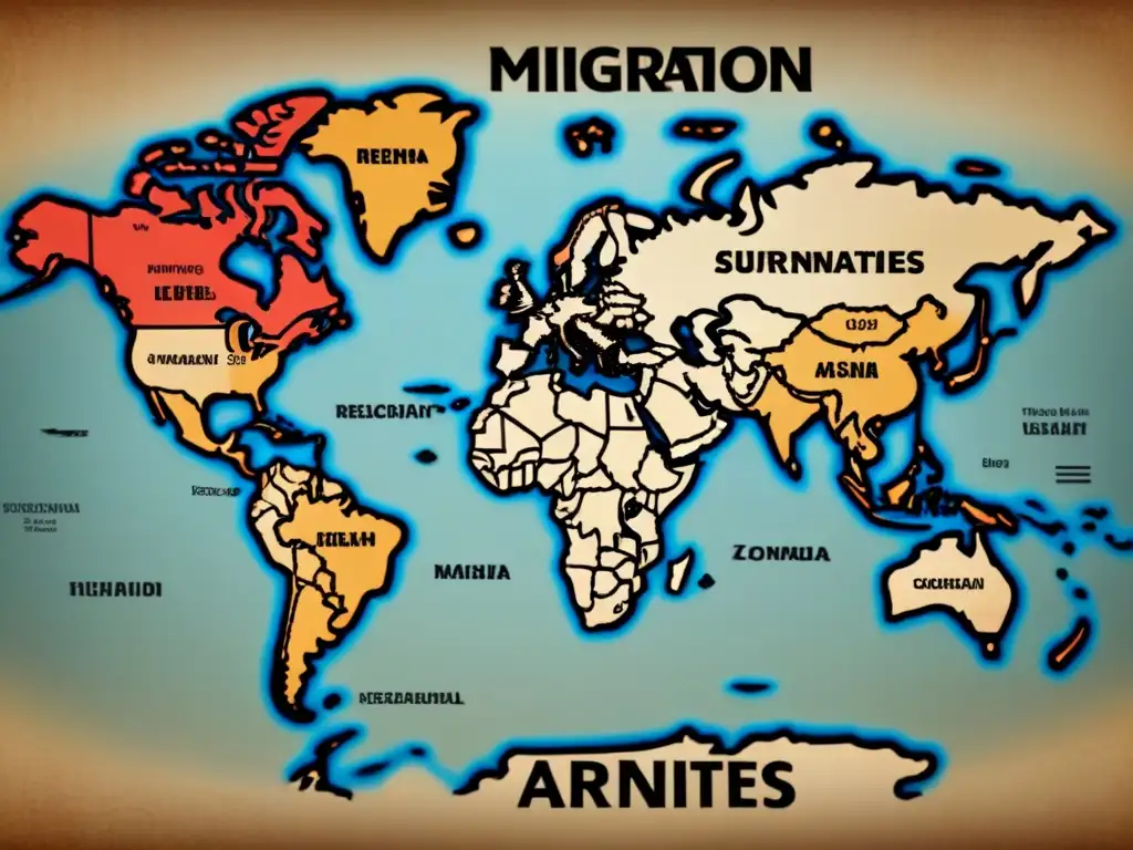 Mapa vintage detallado de migración de apellidos con M en diferentes continentes, con colores y detalles históricos