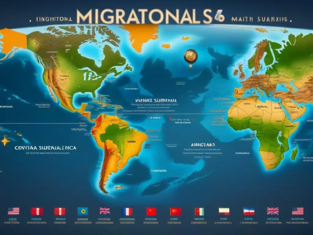 Un mapa vintage detallado de la migración de apellidos hispanos en el siglo XX por las Américas