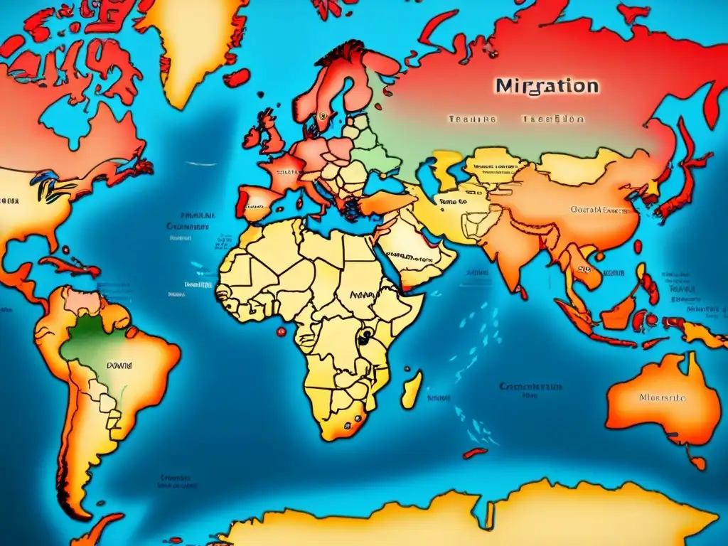 Mapa vintage detallado de migraciones genealógicas de apellidos con 'M', trazando rutas y cruces continentales a lo largo de generaciones