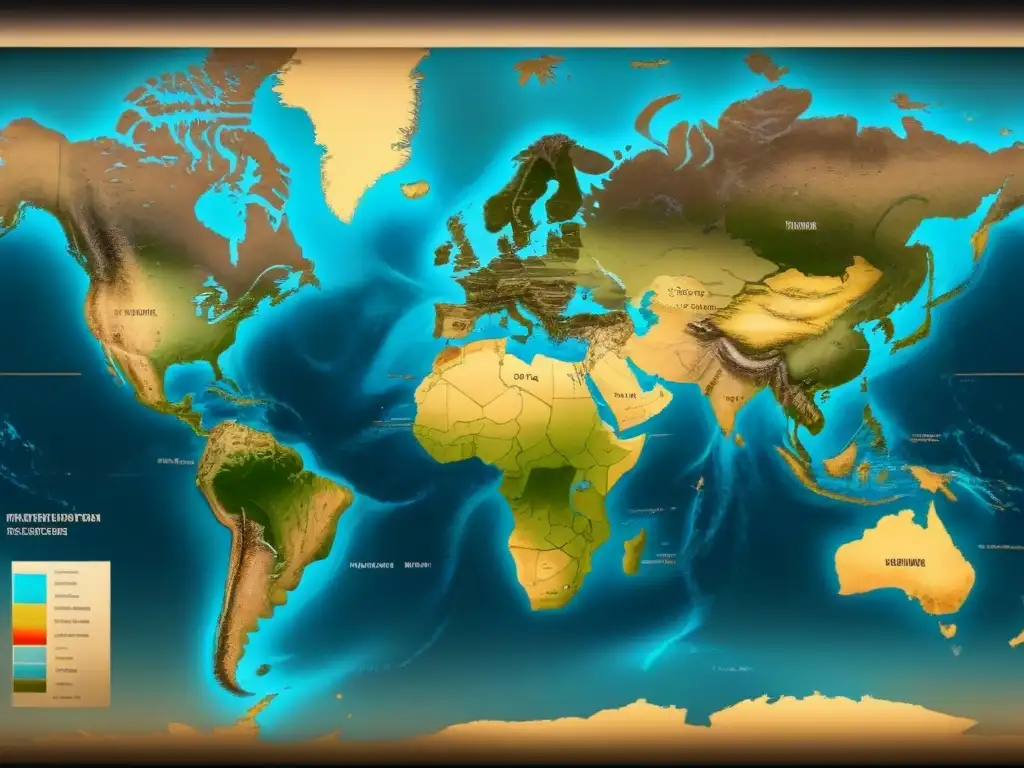 Mapa vintage detallado de migraciones y evolución de apellidos en tonos sepia, destacando regiones clave y conexiones