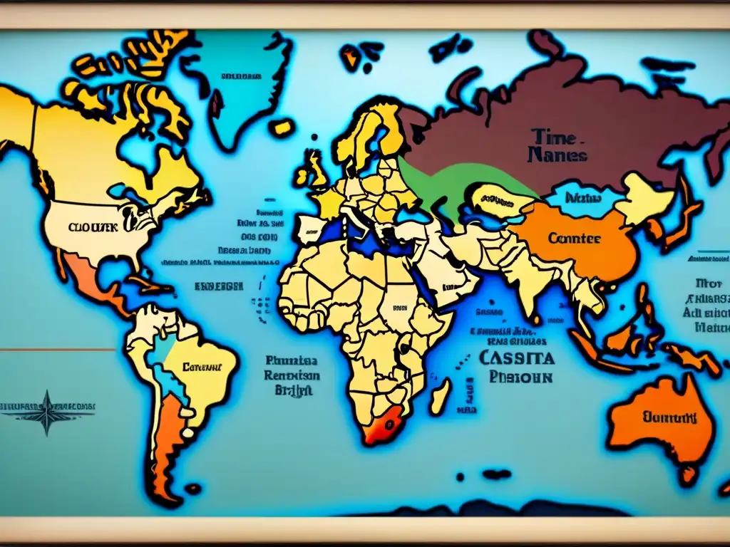 Mapa vintage detallado de migraciones históricas con evolución de apellidos en tonos sepia y caligrafía elegante