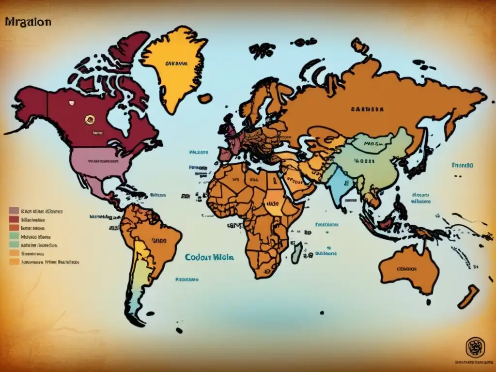 Mapa vintage detallado de migraciones étnicas a lo largo de la historia, ilustrando orígenes culturales y étnicos ADN