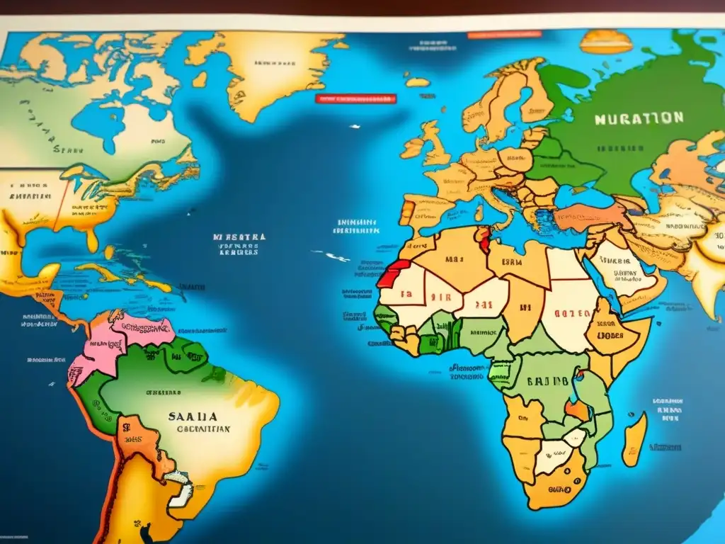 Mapa vintage detallado de migraciones y fusiones culturales de apellidos con 'M', trazando conexiones genealógicas entre continentes