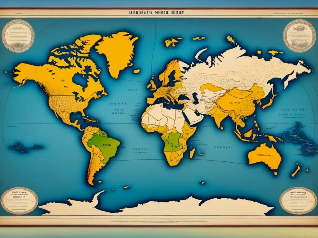 Mapa vintage detallado de migraciones globales del siglo XX, con fotos antiguas de inmigrantes