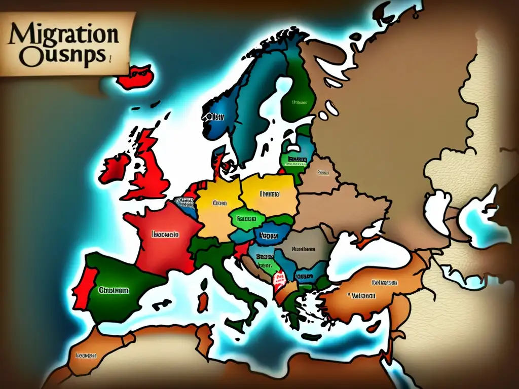 Un mapa vintage detallado de Europa con las migraciones de minorías a lo largo de los siglos