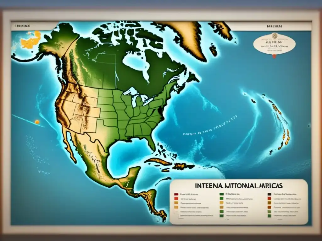 Mapa vintage detallado en 8k mostrando migraciones internas en América con líneas y marcadores, en tonos sepia