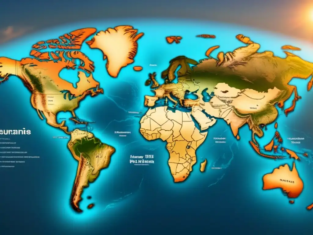 Mapa vintage detallado de migraciones globales de apellidos, con familias emprendiendo viajes por continentes