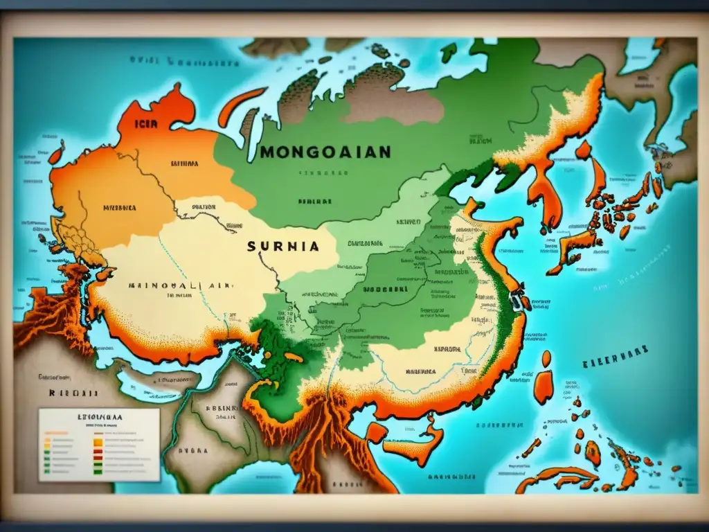 Mapa vintage detallado de estepas mongoles mostrando la evolución de apellidos por generaciones