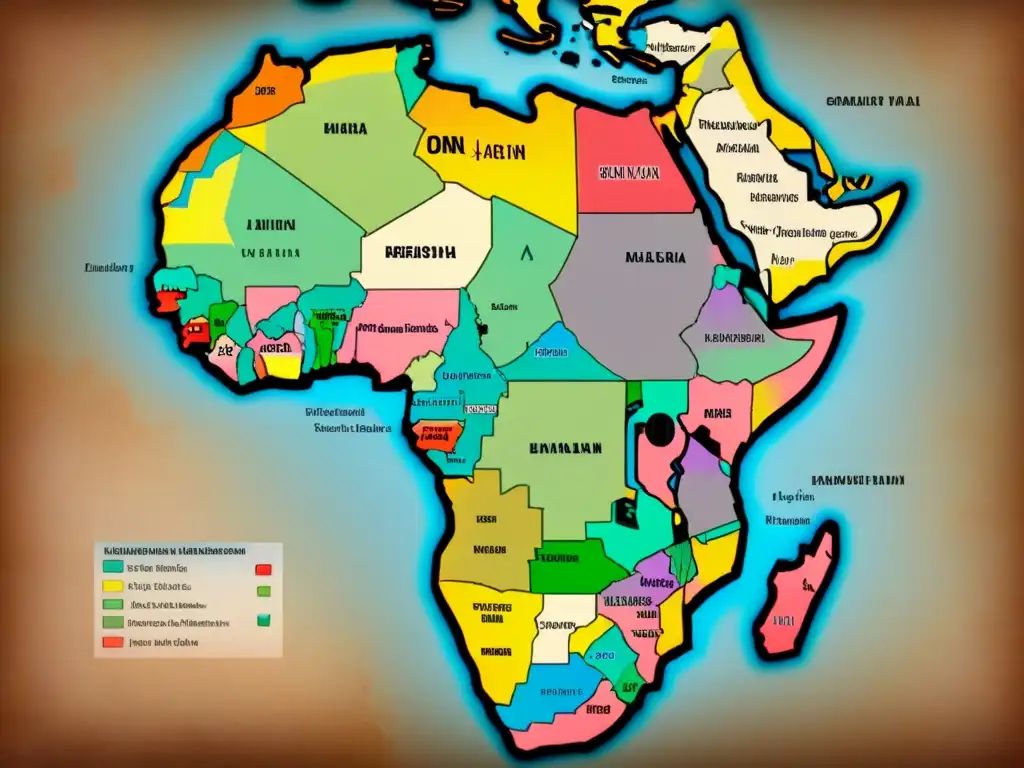 Mapa vintage detallado de África con movilidad de apellidos en tonos terrosos, resaltando la historia y conexiones en el continente