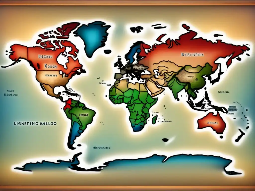 Mapa vintage detallado del mundo con colores desgastados y textura de pergamino, destacando regiones de registros genealógicos