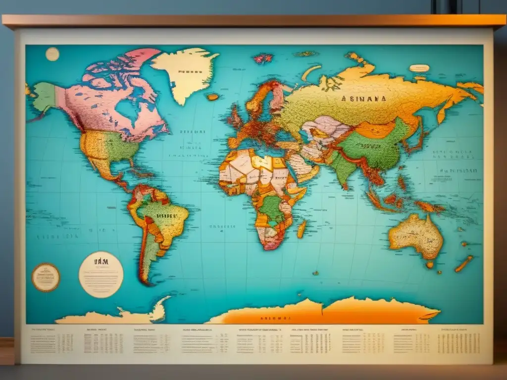 Mapa vintage detallado del mundo con fronteras intrincadas y tipografía antigua, colores desgastados para un aspecto envejecido