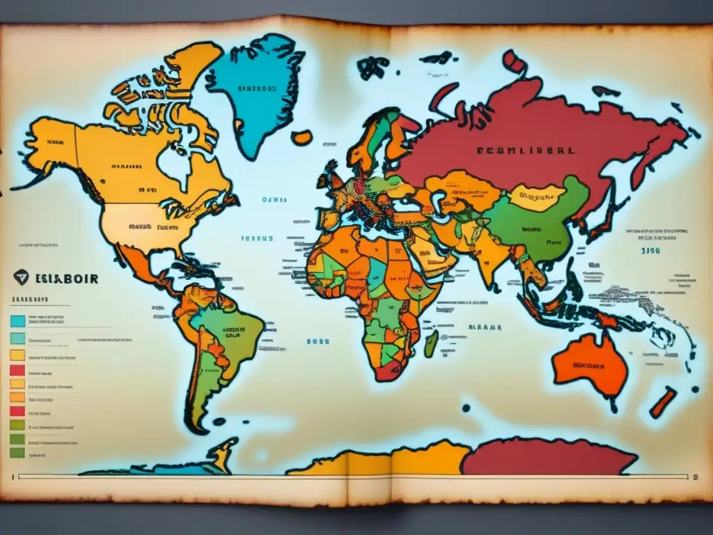 Un mapa vintage detallado del mundo con colores y símbolos que representan haplogrupos