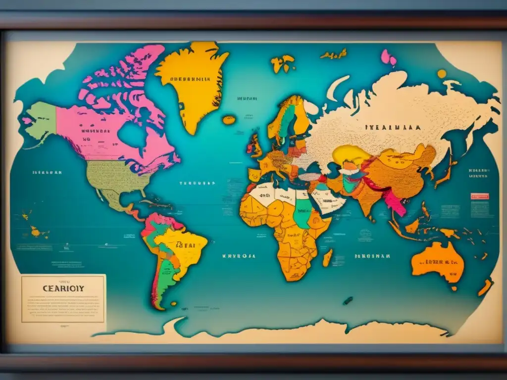 Mapa vintage detallado del mundo con colores desvanecidos que evocan historia y ancestros