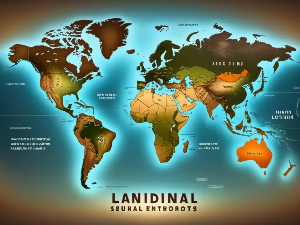 Mapa vintage detallado del mundo con marcadores genéticos apellidos historia entrelazados en árboles genealógicos