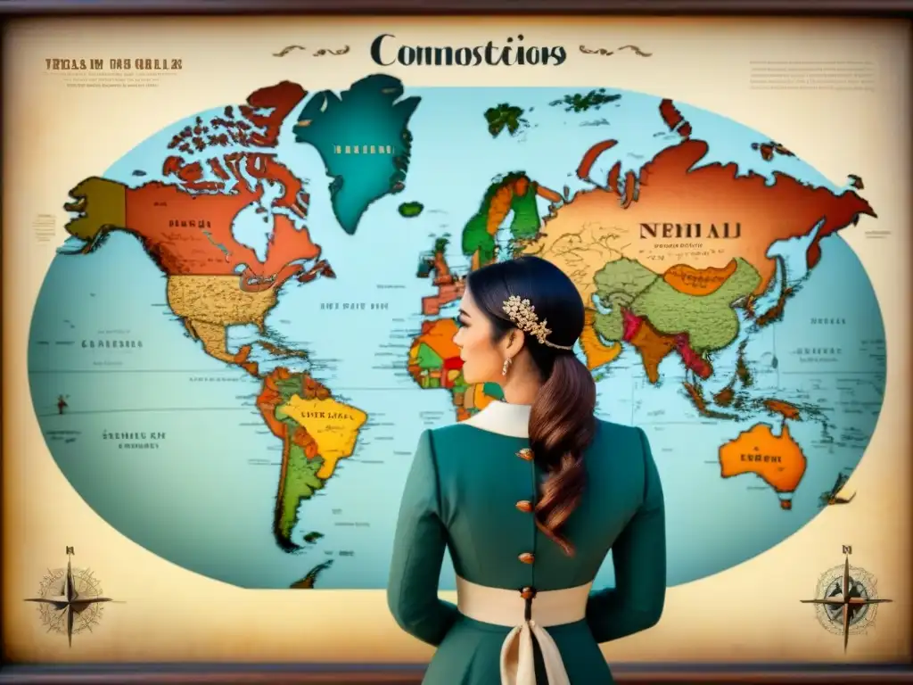 Mapa vintage detallado del mundo con países, raíces culturas y símbolos históricos en delicada caligrafía