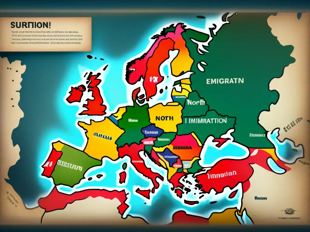 Un mapa vintage detallado de Europa y América del Norte que ilustra las rutas de inmigración y emigración de ancestros