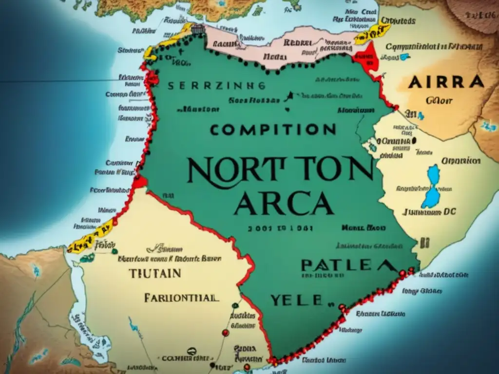 Un mapa vintage detallado de África del Norte con símbolos y patrones beréberes, y caligrafía histórica de apellidos beréberes