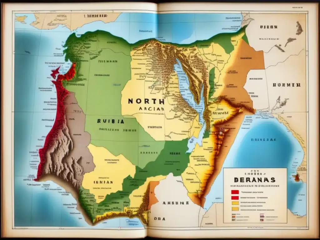 Mapa vintage detallado de la región norteafricana, resaltando territorios y apellidos beréberes