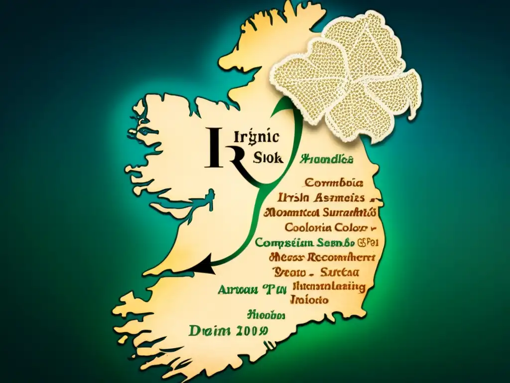 Mapa vintage detallado de Irlanda con nudos celtas y símbolos, resaltando regiones de apellidos irlandeses