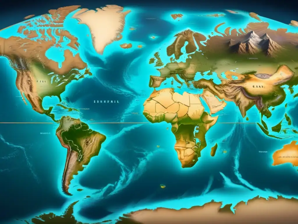 Mapa vintage detallado del Nuevo Mundo, con tonos sepia, ríos y montañas etiquetados en script elegante