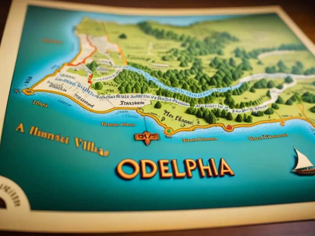 Un mapa vintage detallado de 'Odelphia' con pueblos antiguos, ríos sinuosos y bosques exuberantes