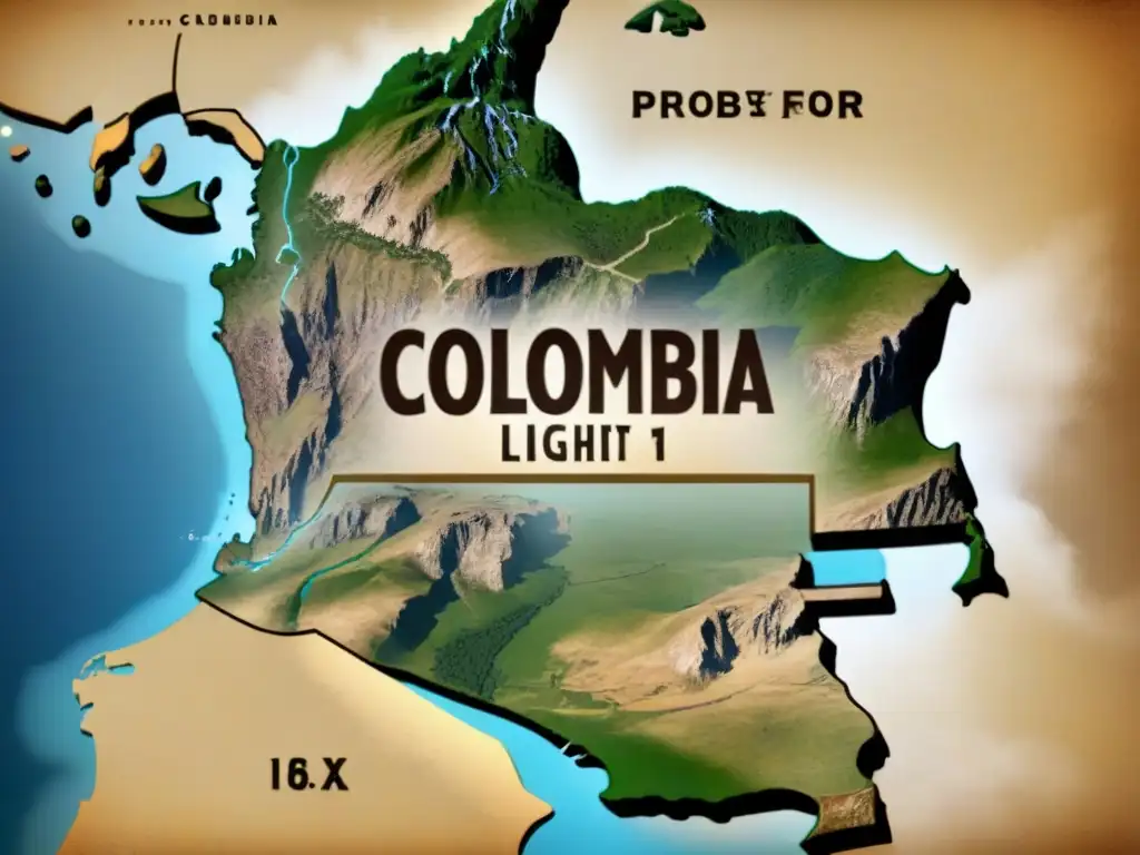 Mapa vintage detallado de Colombia con origen apellido Londoño genealogía en caligrafía intrincada y tonos sepia