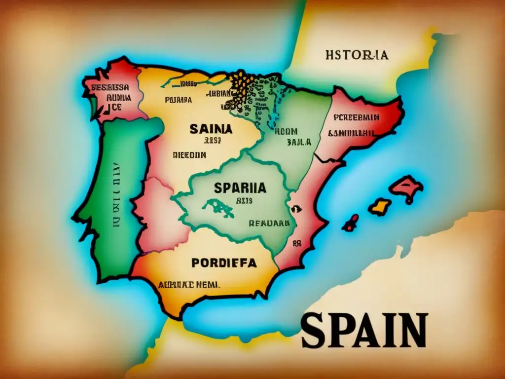 Mapa vintage detallado de España con Origen apellido Peñalosa España, rosa de los vientos y acuarelas