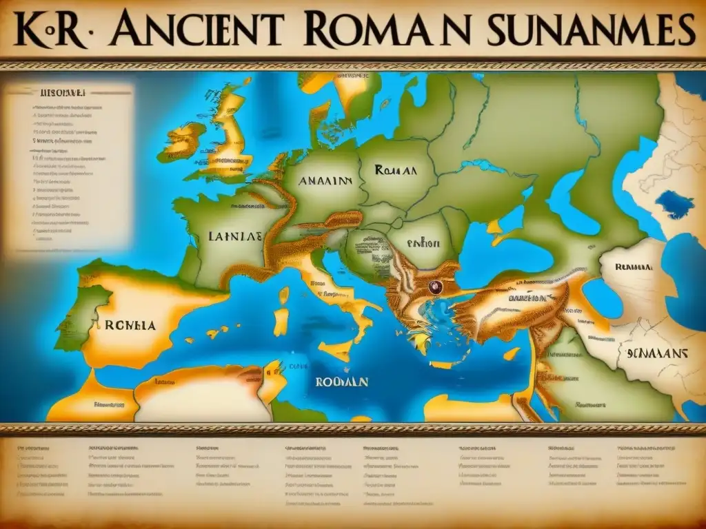 Mapa vintage detallado de Roma con origen apellidos antiguos Roma en caligrafía y figuras romanas entrelazadas