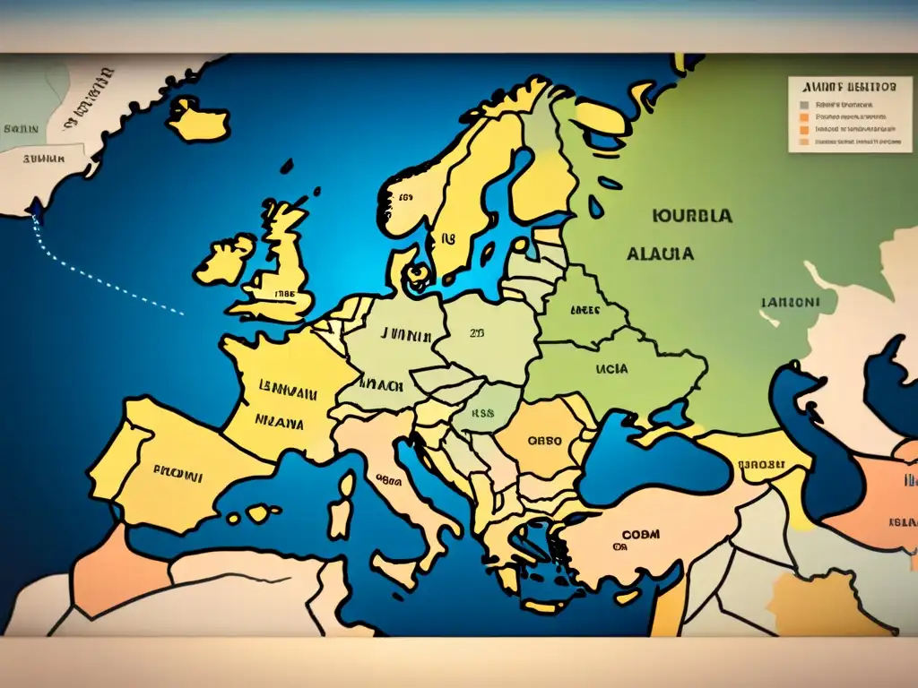 Mapa vintage detallado de Europa, destacando origen apellidos judíos durante la guerra