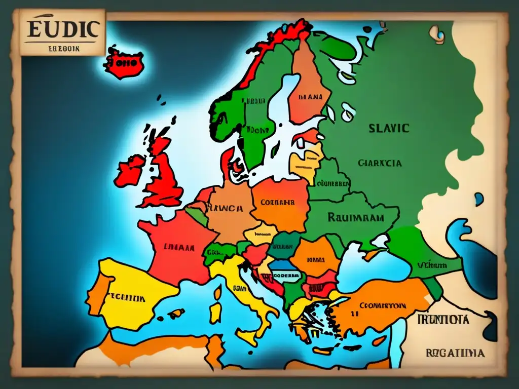 Mapa vintage detallado de Europa con origen apellidos eslavos, evocando sabiduría ancestral