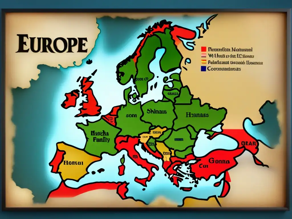 Mapa vintage detallado de Europa, resaltando el origen y evolución de apellidos a lo largo de la historia